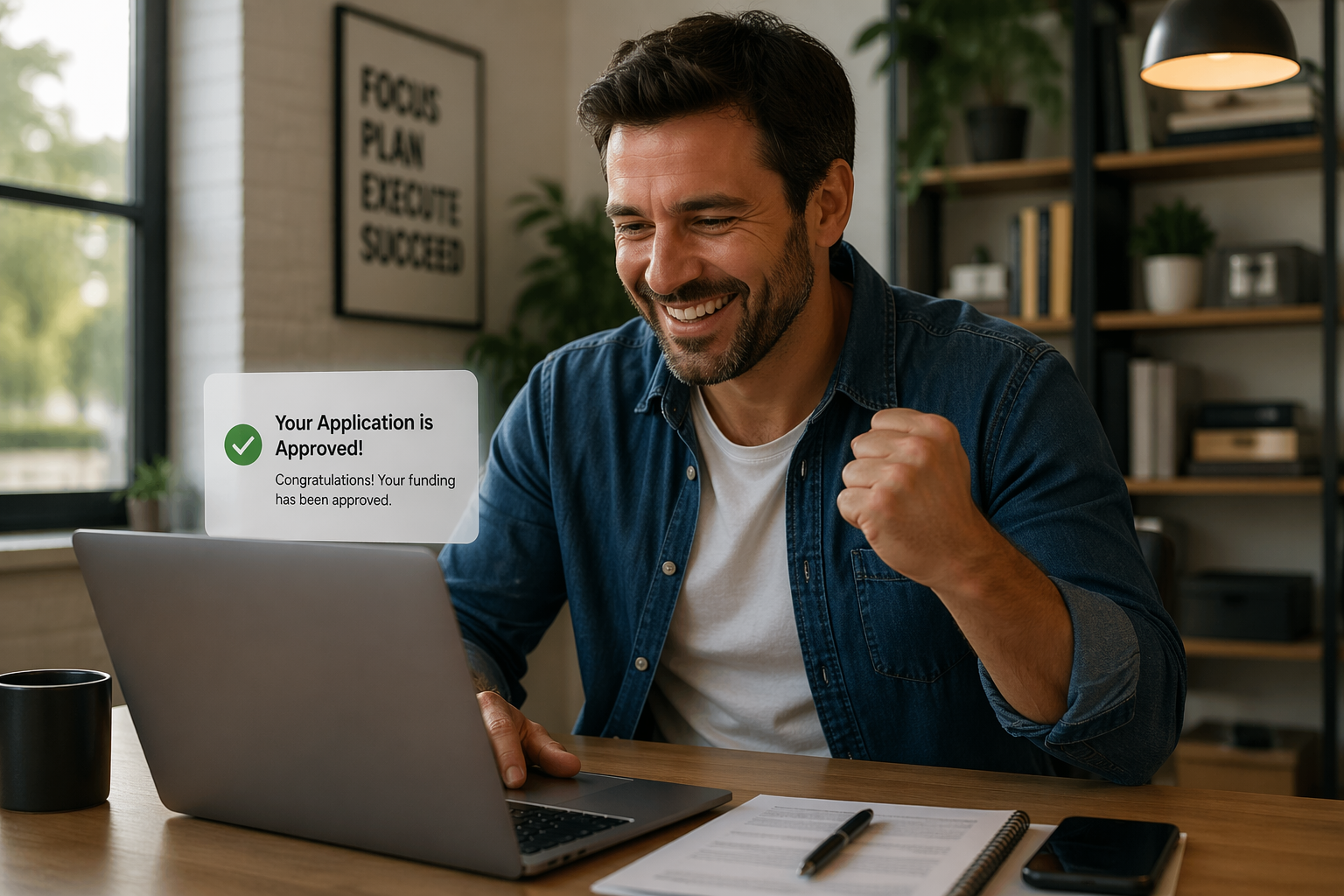 Small business owner in Round Rock Texas smiling after business funding approval while reviewing laptop options
