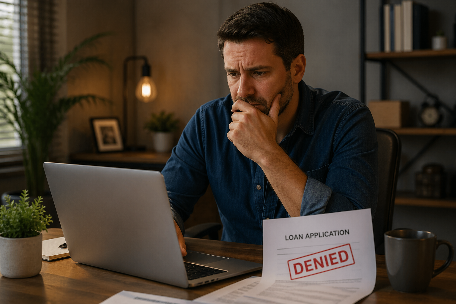 Small business owner in Round Rock Texas reviewing laptop after being denied for a business loan and exploring new options