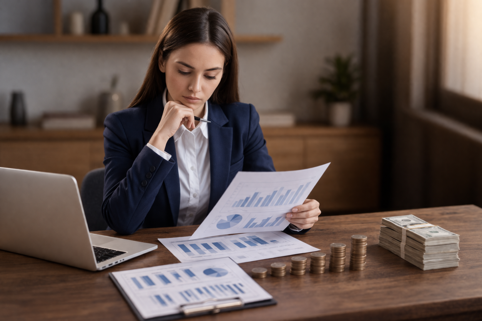 Business owner analyzing revenue and cash flow to determine funding amount in Round Rock Texas