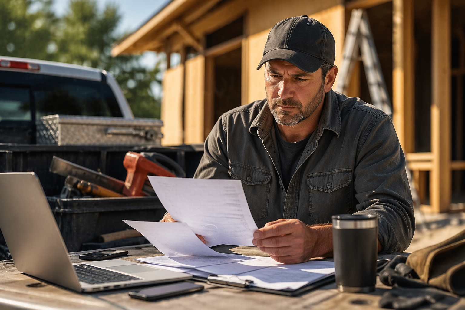Contractor in Round Rock Texas reviewing invoices and paperwork while exploring fast business funding options