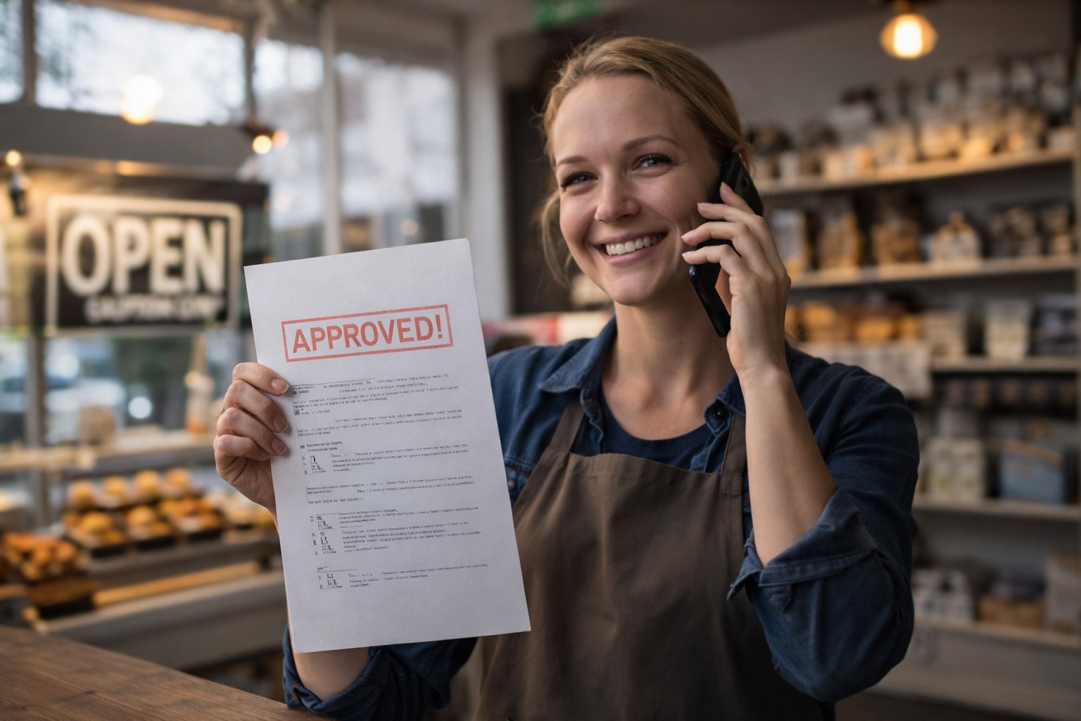 small business owner in round rock texas holding approved business funding document after loan approval
