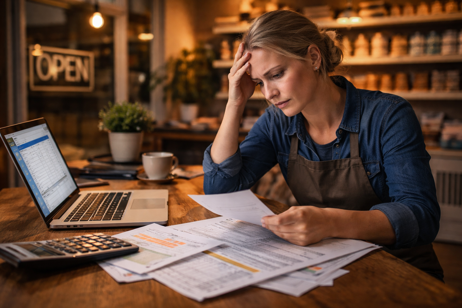 Small business owner in Round Rock Texas stressed while reviewing bills and looking for fast business loan options