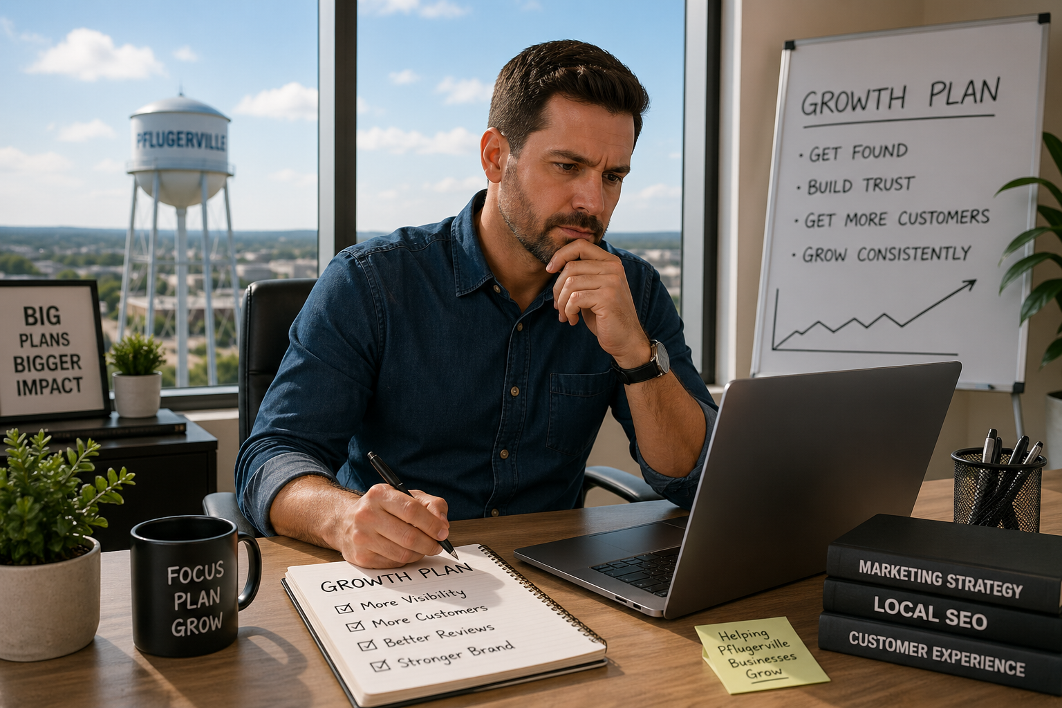 Pflugerville business owner reviewing growth plan on laptop in modern office with local skyline background