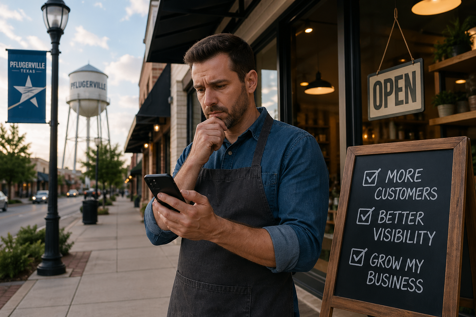Pflugerville small business owner outside storefront looking at phone concerned about low customer visibility