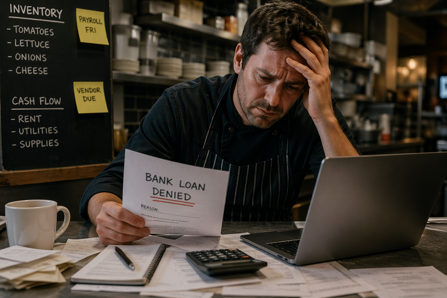 Restaurant owner in Round Rock Texas reviewing denied business loan letter while searching for new funding options