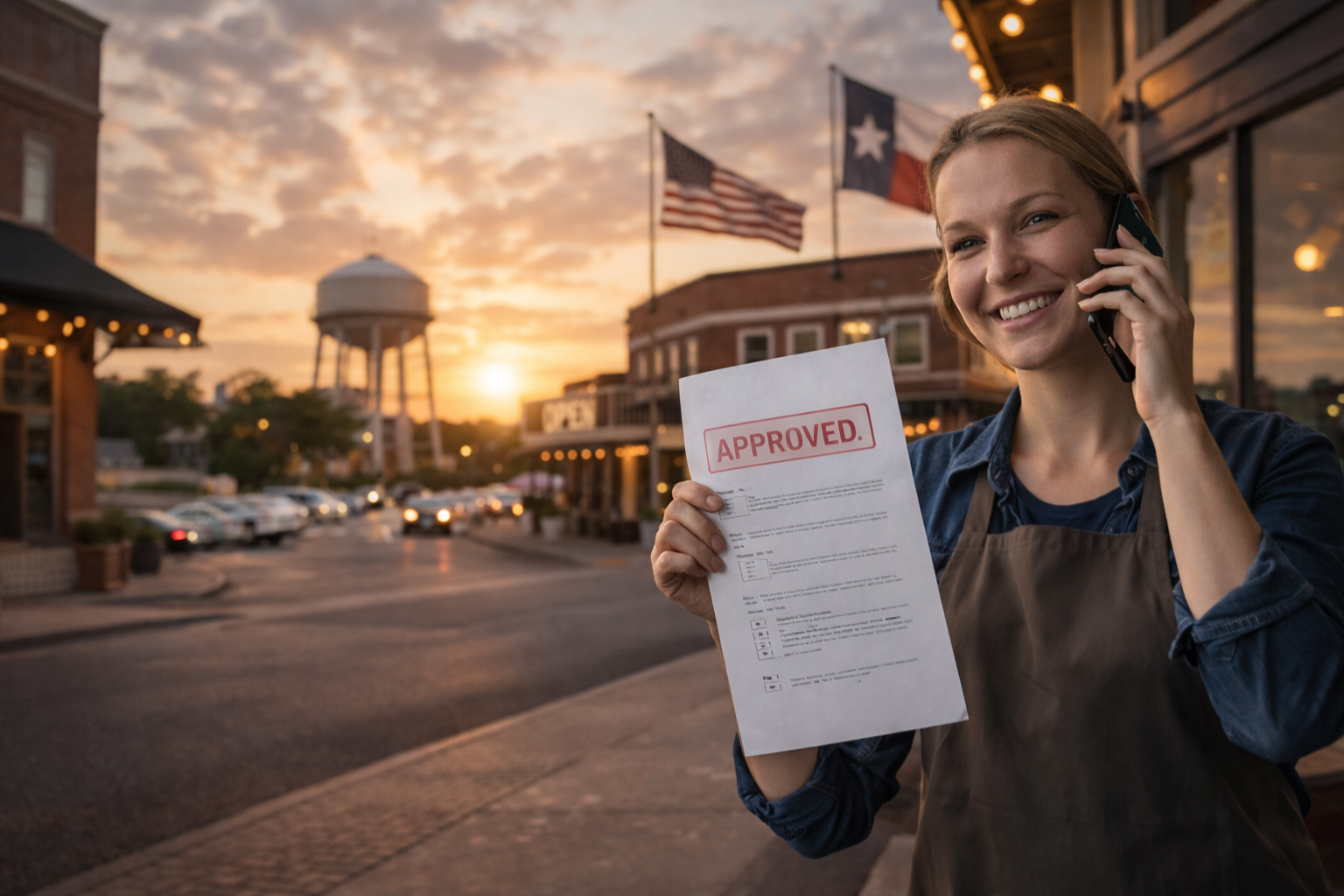 Small business owner in Round Rock Texas holding approved business funding document after qualifying for fast funding