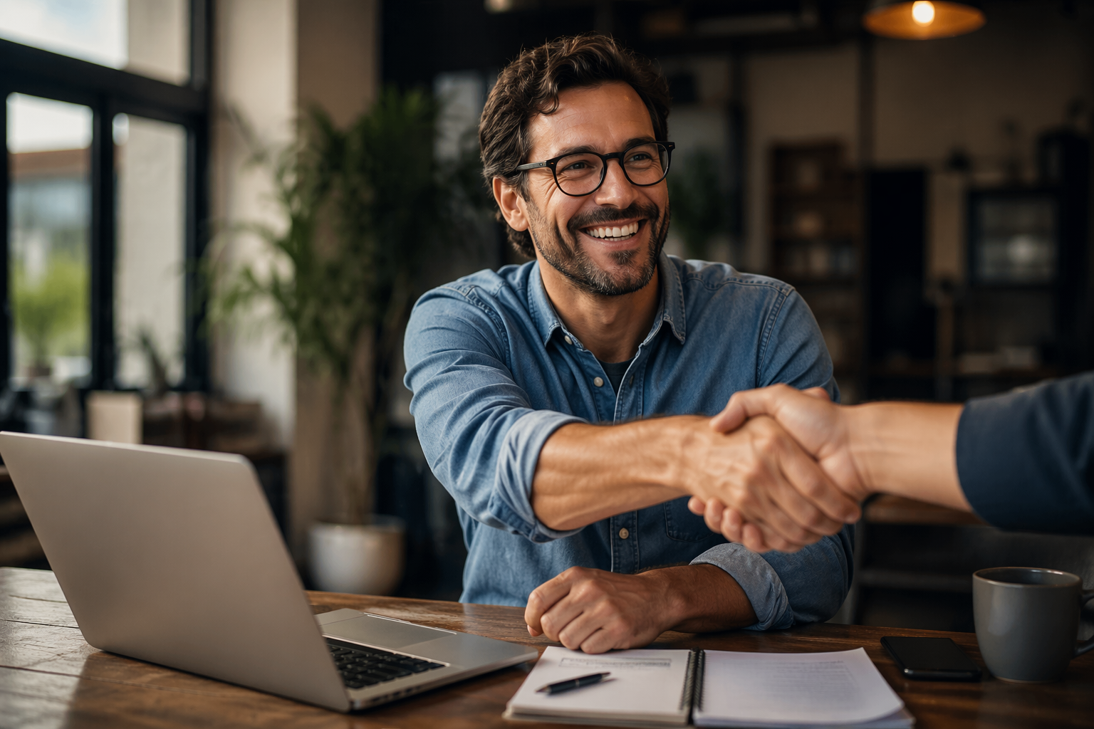 Business owner in Round Rock Texas shaking hands after fast business funding approval with laptop open on desk