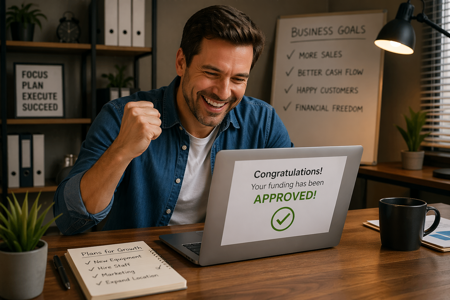 Small business owner in Round Rock Texas smiling after business loan approval while reviewing laptop