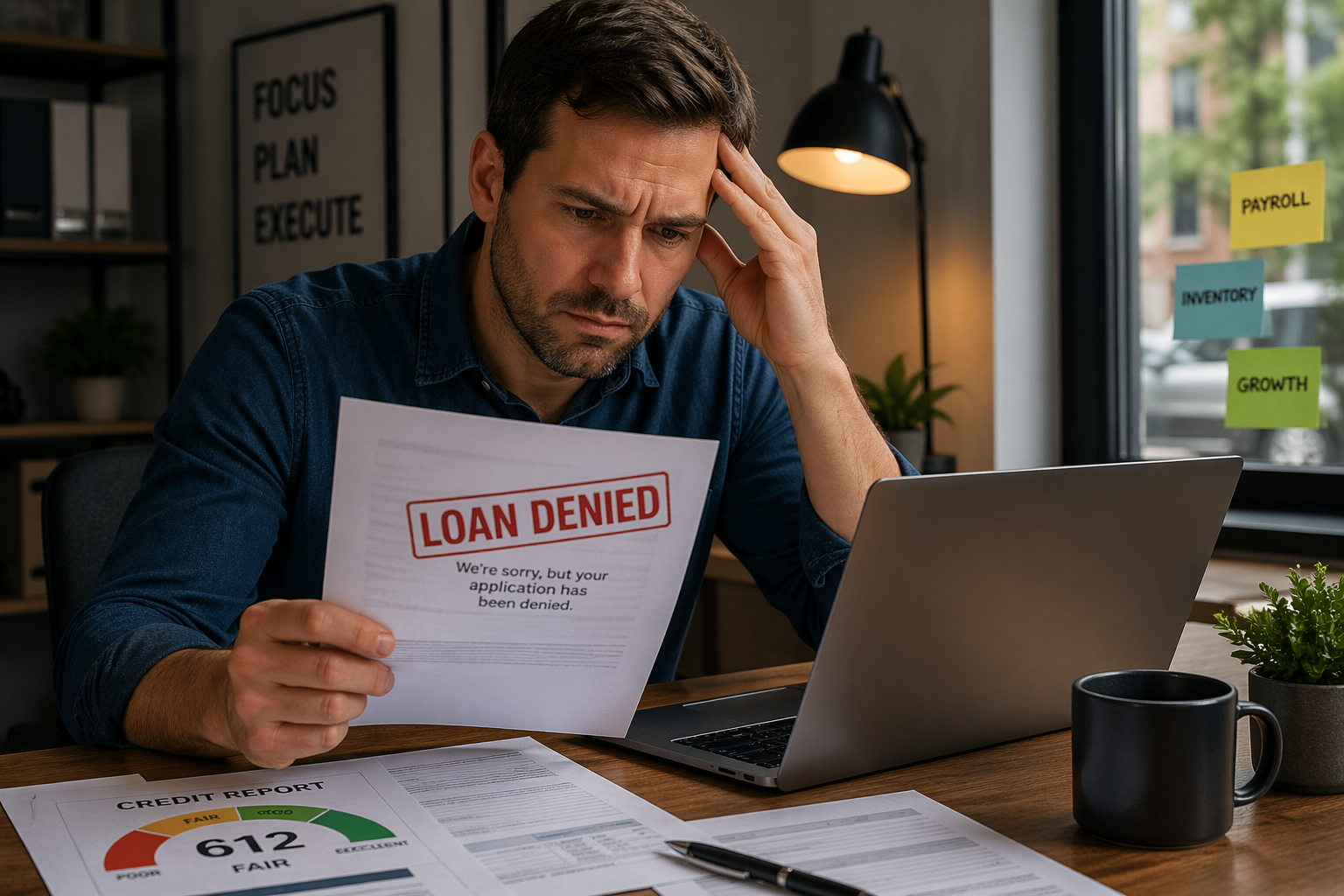 Small business owner in Round Rock Texas reviewing denied business loan letter while searching for new funding options