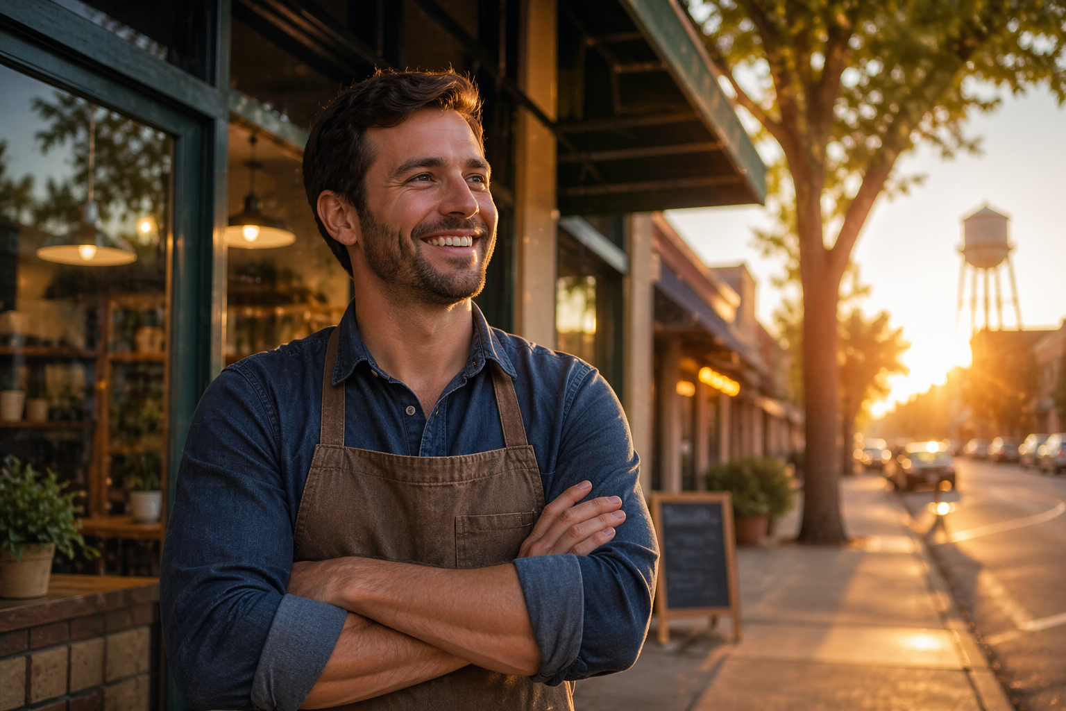 Small business owner in Round Rock Texas smiling outside storefront after securing business funding