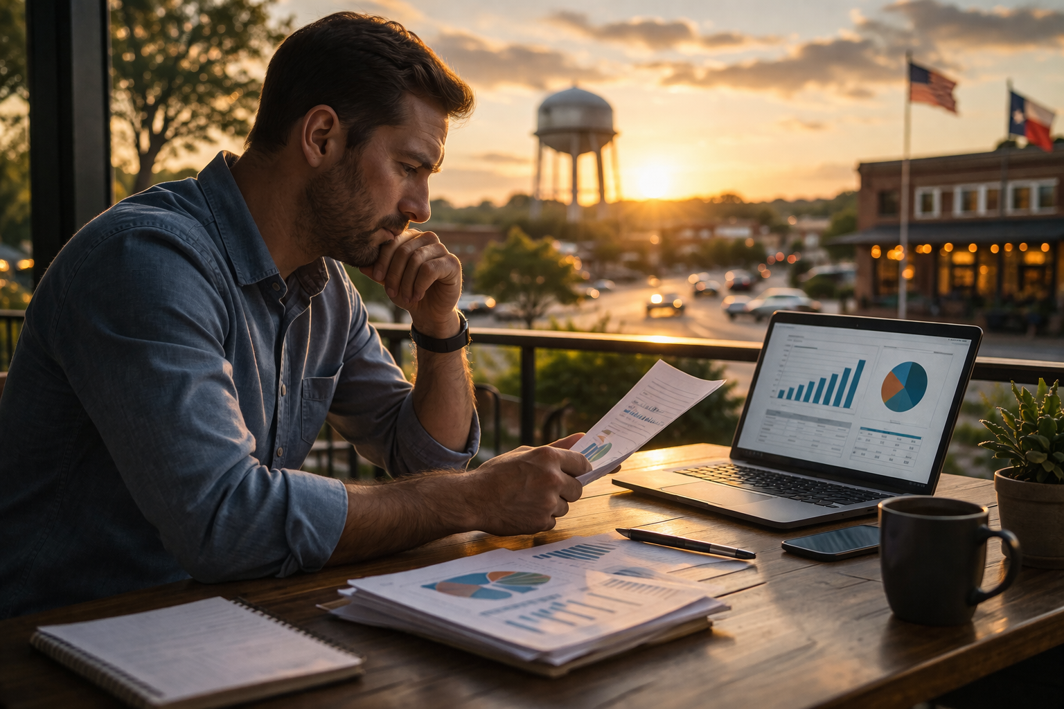 small business owner reviewing financial documents and revenue to meet business funding requirements in round rock texas