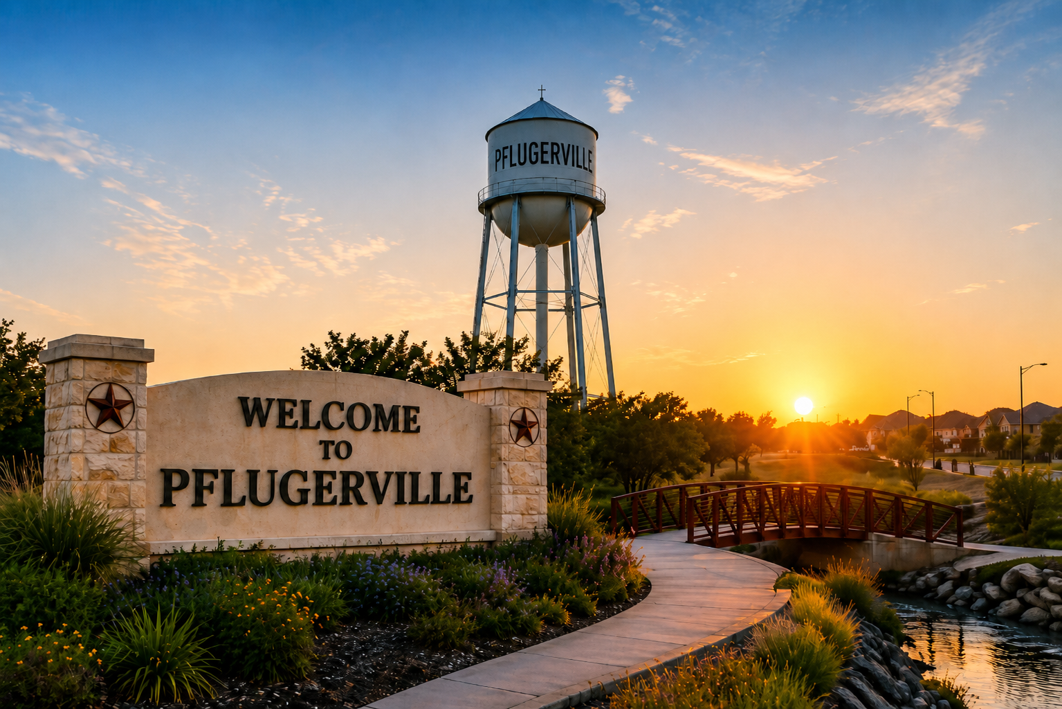 Pflugerville TX business visibility support image showing local landmarks and how Central Texas businesses can improve online visibility and attract more local customers.