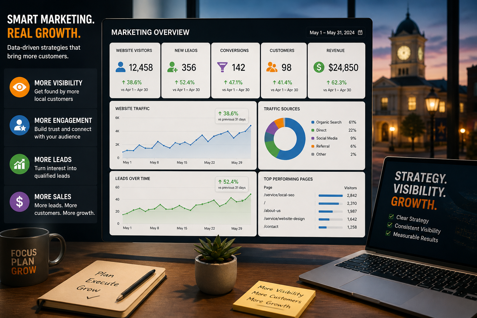Georgetown Texas business growth dashboard showing marketing analytics visibility traffic leads and customer growth