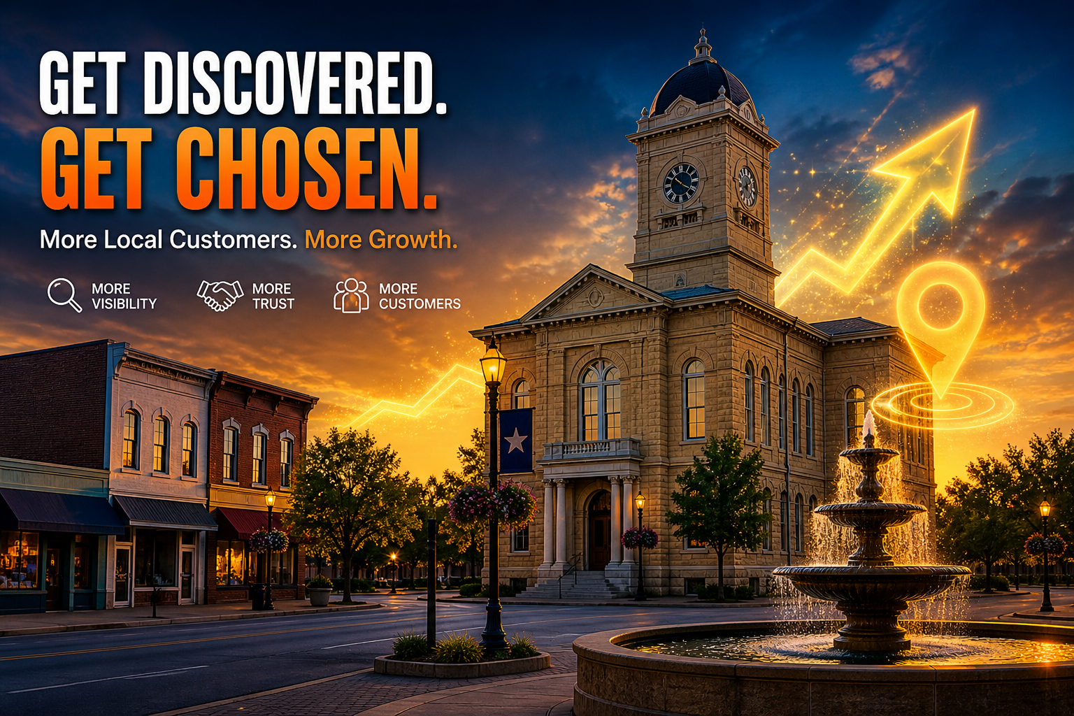 Georgetown Texas courthouse at sunset with marketing growth graphics showing how local businesses get more visibility and customers