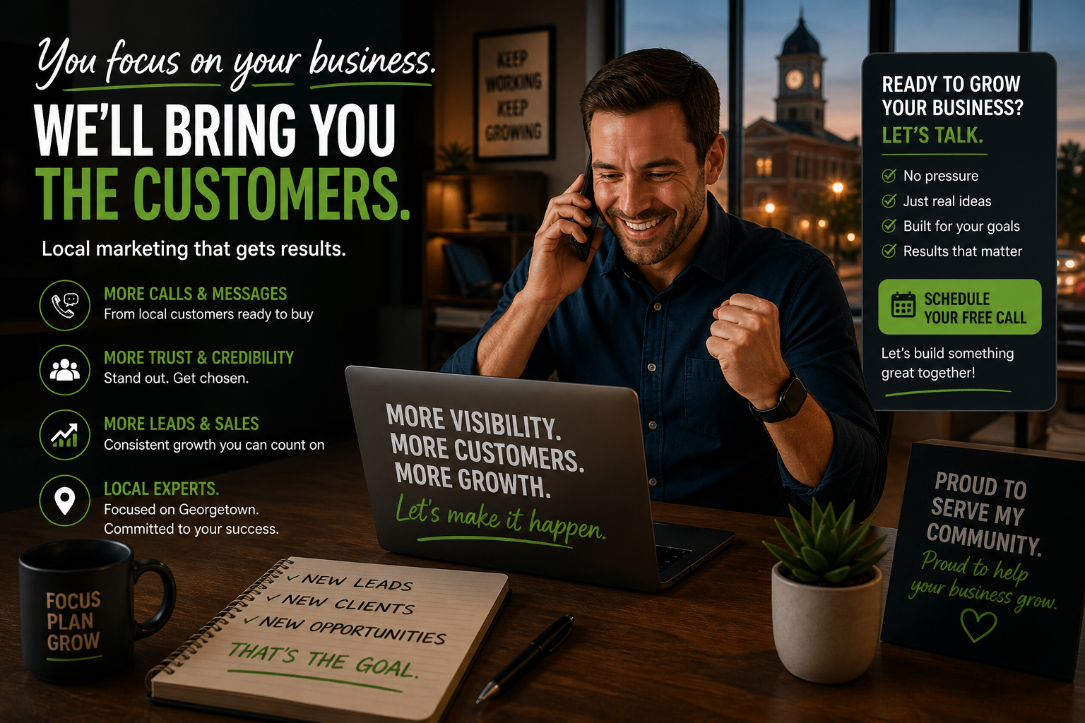 Georgetown Texas business owner happy receiving customer calls and leads from increased online visibility