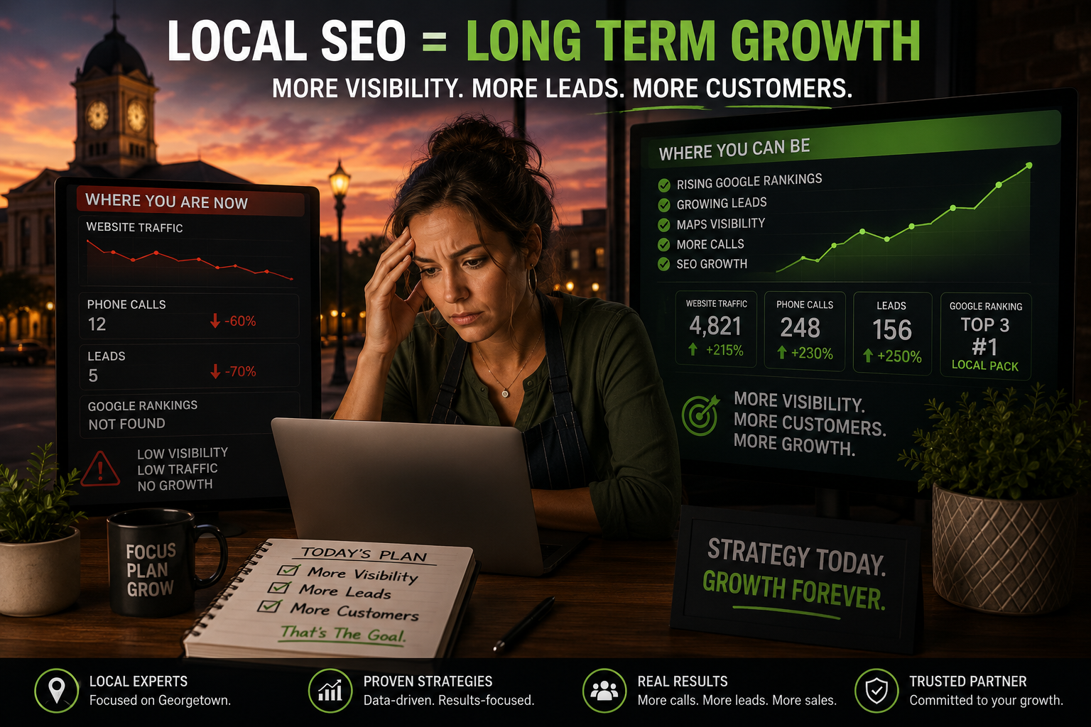 Georgetown Texas business owner comparing low traffic with local SEO growth and increased online visibility