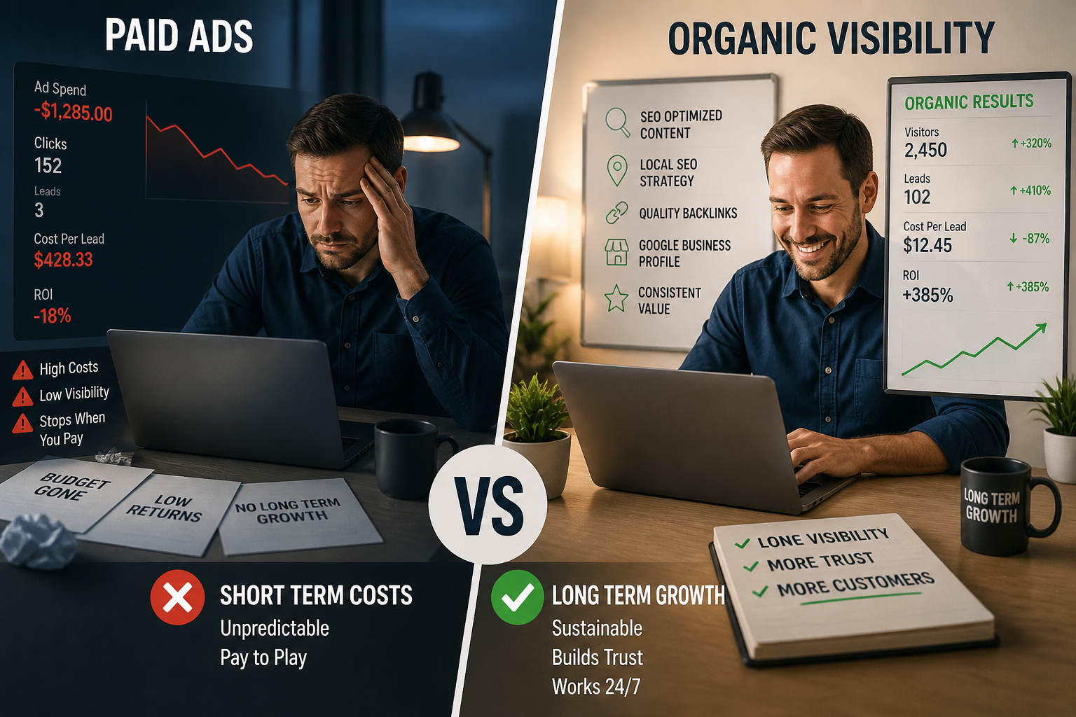 Comparison of paid ads vs organic visibility marketing strategy for Georgetown Texas small businesses