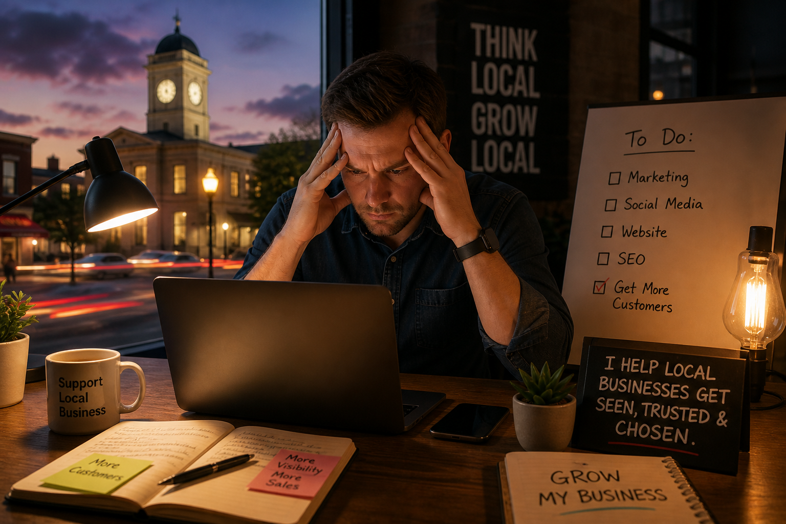 Georgetown Texas small business owner stressed at laptop struggling with marketing and online visibility