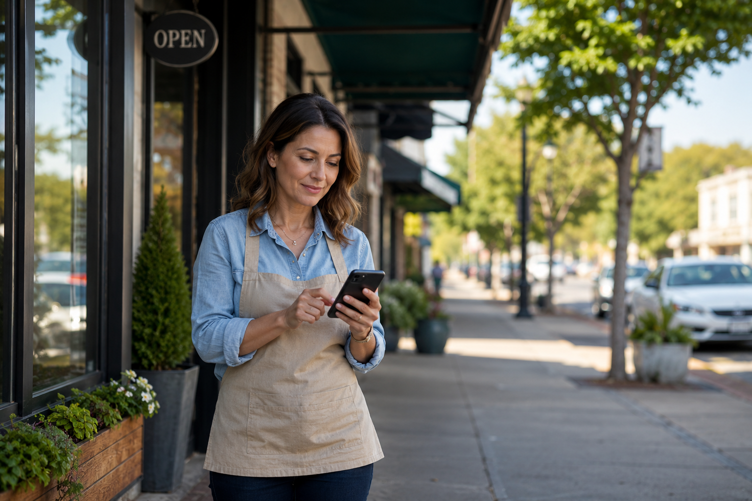 Hutto Texas business owner checking online visibility and customer engagement from mobile phone outside storefront