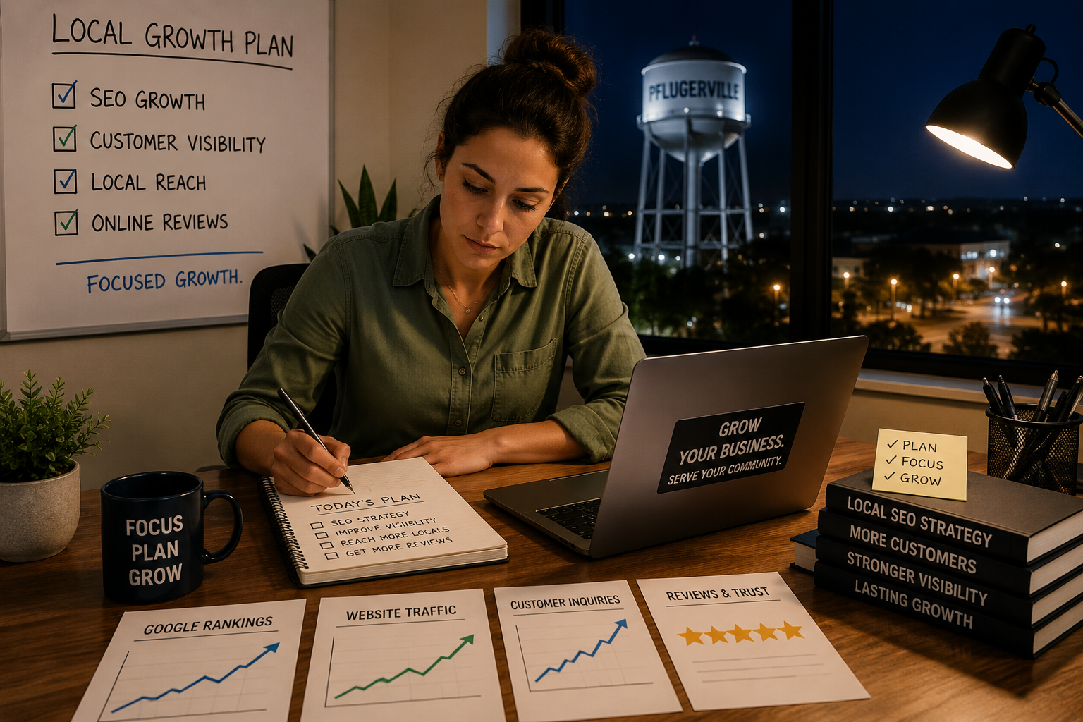 Pflugerville business owner working late planning SEO growth customer visibility and online reviews