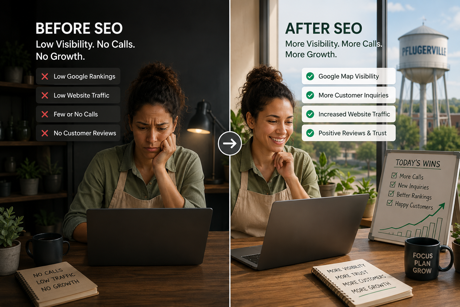 Split screen showing Pflugerville business owner before and after local SEO growth with more traffic calls and visibility