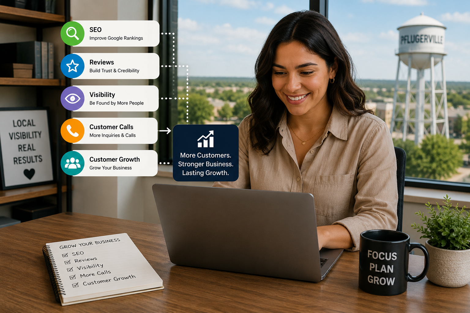 Pflugerville business owner reviewing SEO visibility reviews and customer growth strategy on laptop