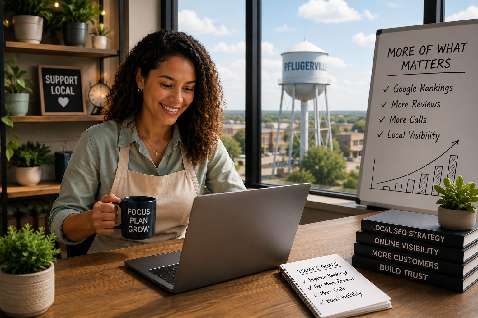 Pflugerville woman business owner reviewing local SEO and visibility strategy on laptop in modern office