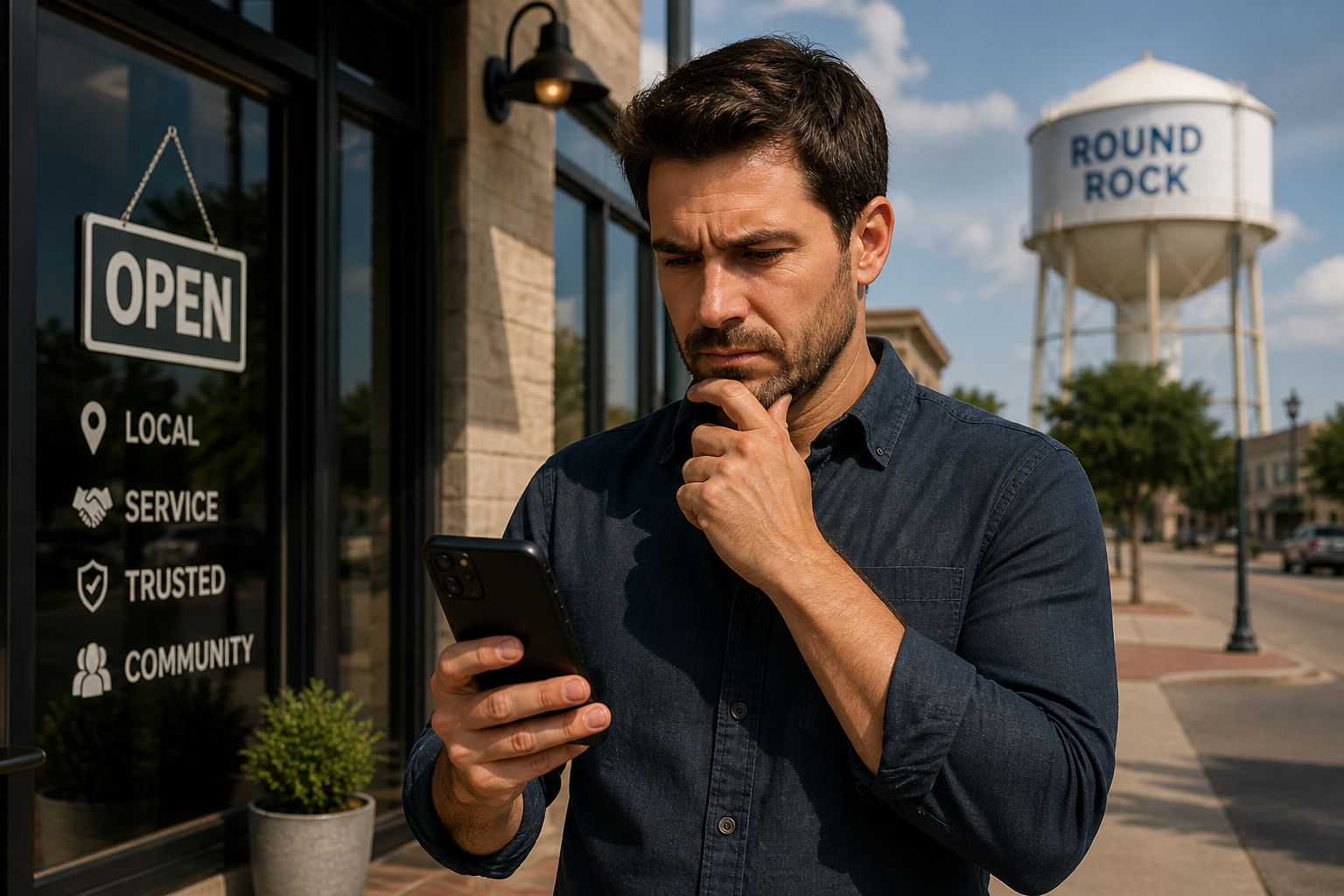 Round Rock Texas, business owner outside storefront checking phone and looking for ways to get more customers.