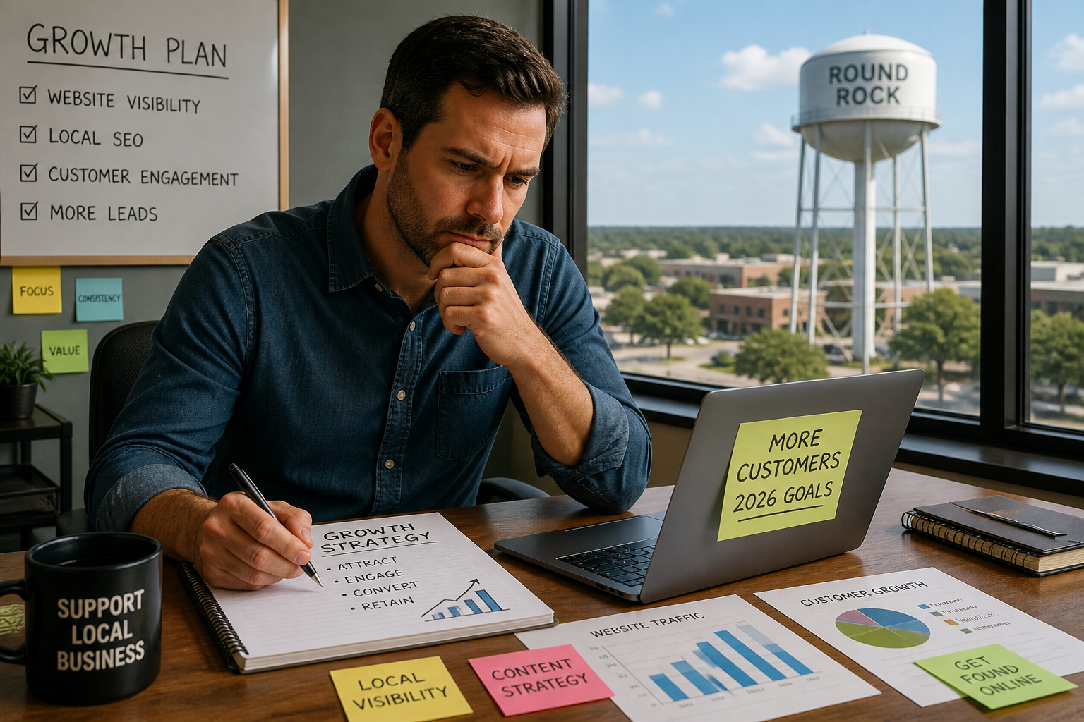 Round Rock Texas business owner planning growth strategy at desk with water tower visible outside office window