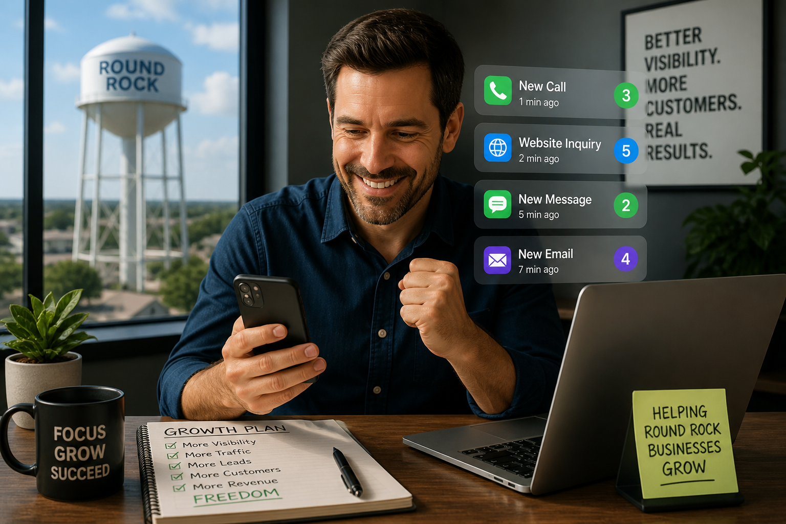 Round Rock Texas business owner smiling at phone after receiving new calls website inquiries and customer messages