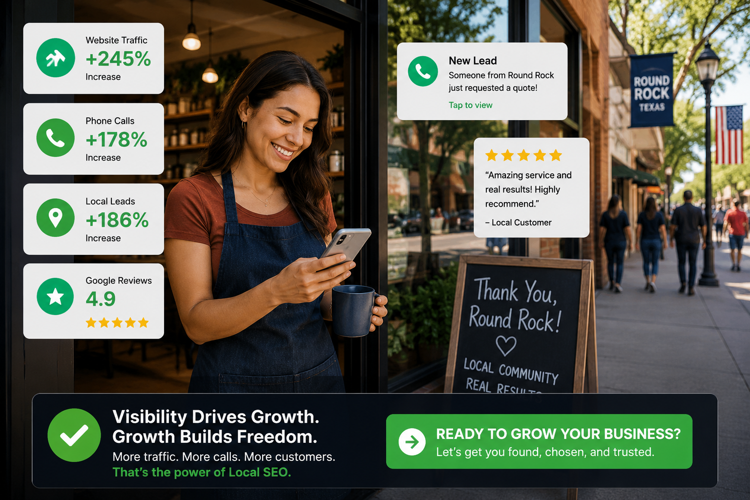 Successful Round Rock business owner checking growing website traffic and local leads from local SEO and Google visibility strategies