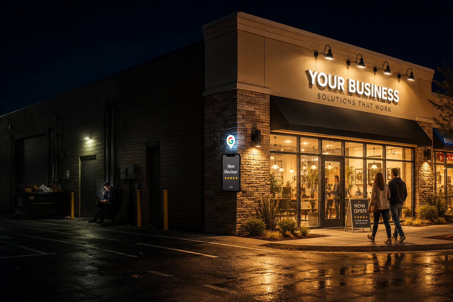 Round Rock business owner improving local SEO visibility while nearby storefront attracts customers through Google search and online presence