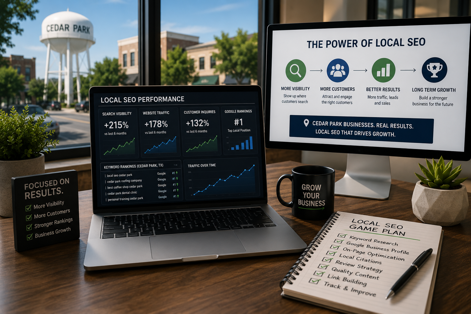 Cedar Park business owner reviewing business growth opportunities, expansion plans, customer acquisition strategies and local SEO performance metrics from a professional workspace.