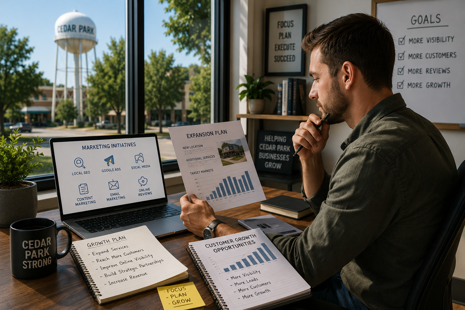 Cedar Park business owner reviewing expansion plans, marketing initiatives, customer growth opportunities and local SEO strategy from a professional office workspace.