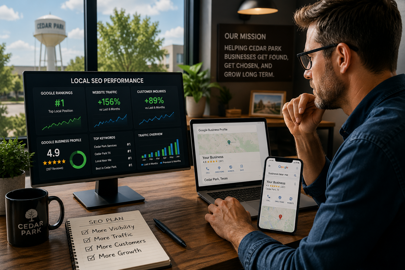 Cedar Park business owner reviewing website traffic, Google search visibility, customer inquiries and local SEO performance metrics on a laptop while working inside a local coffee shop.