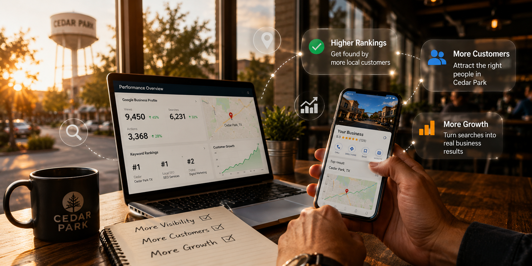 Cedar Park business owner reviewing website traffic, Google rankings, customer inquiries and local SEO growth metrics on a laptop in a professional office environment.