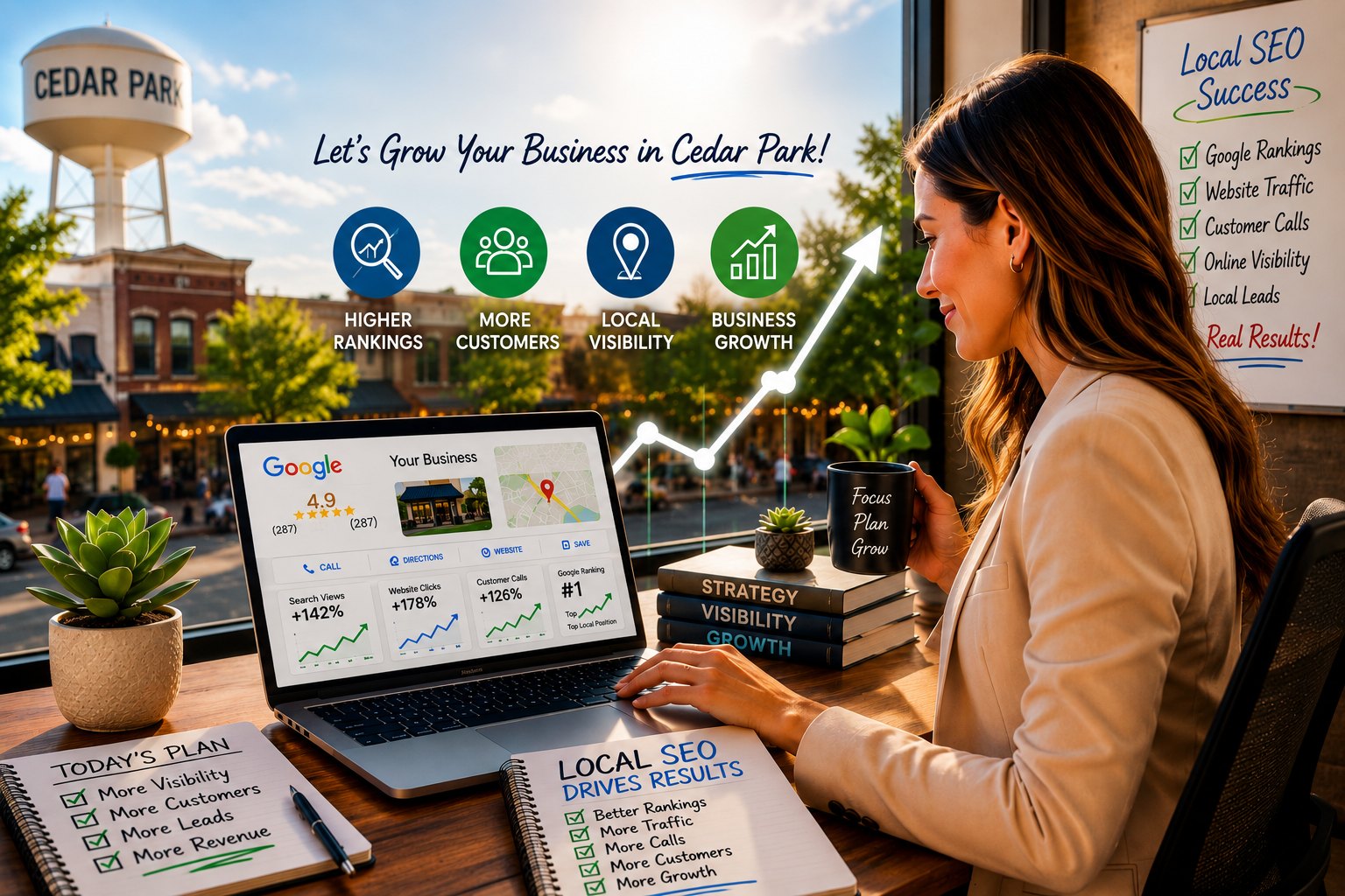 Cedar Park business owner reviewing Google Business Profile performance, customer reviews, local search rankings and online visibility growth from a professional office workspace.