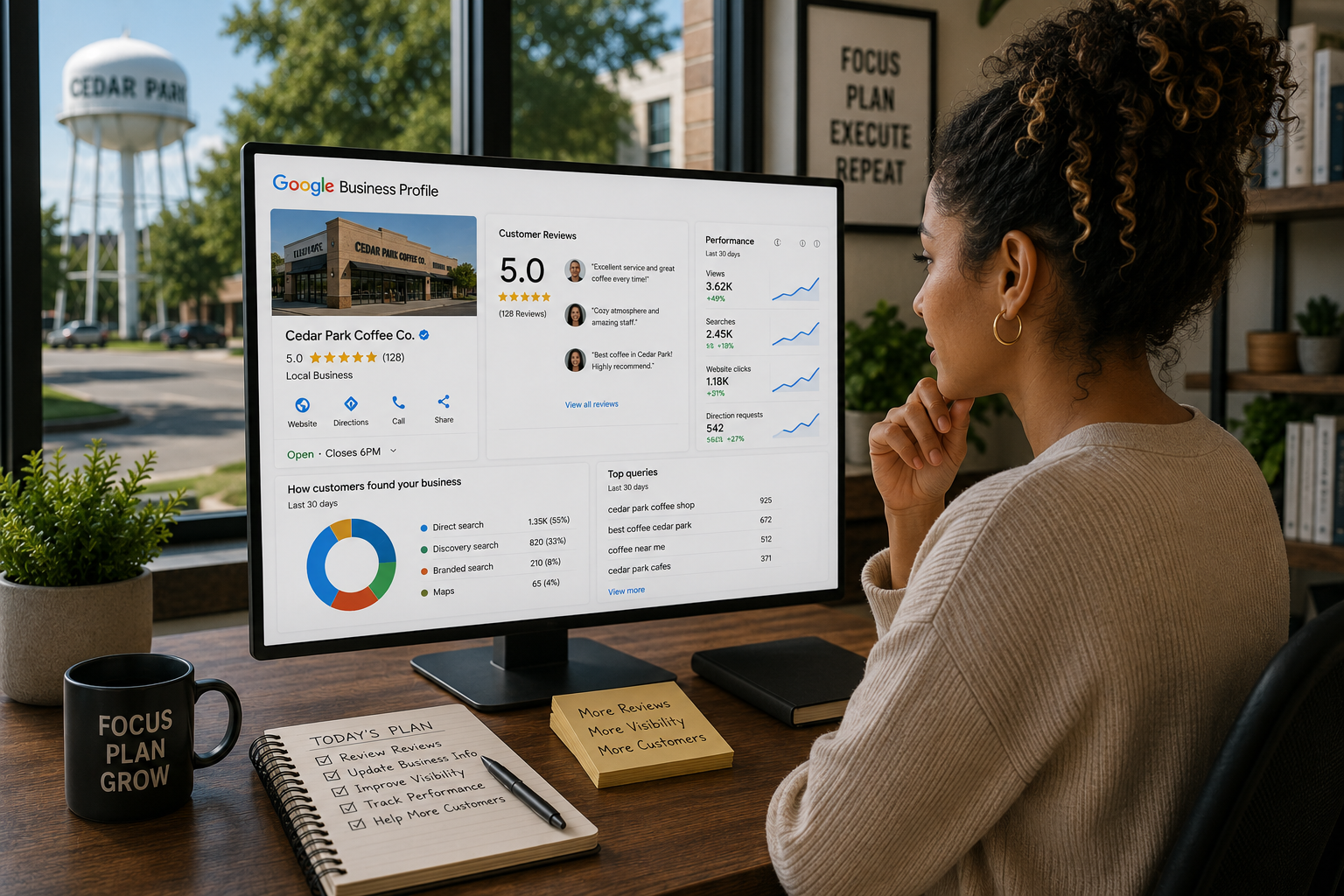 Cedar Park business owner reviewing customer reviews, Google Business Profile information and local search performance metrics from a professional office workspace.