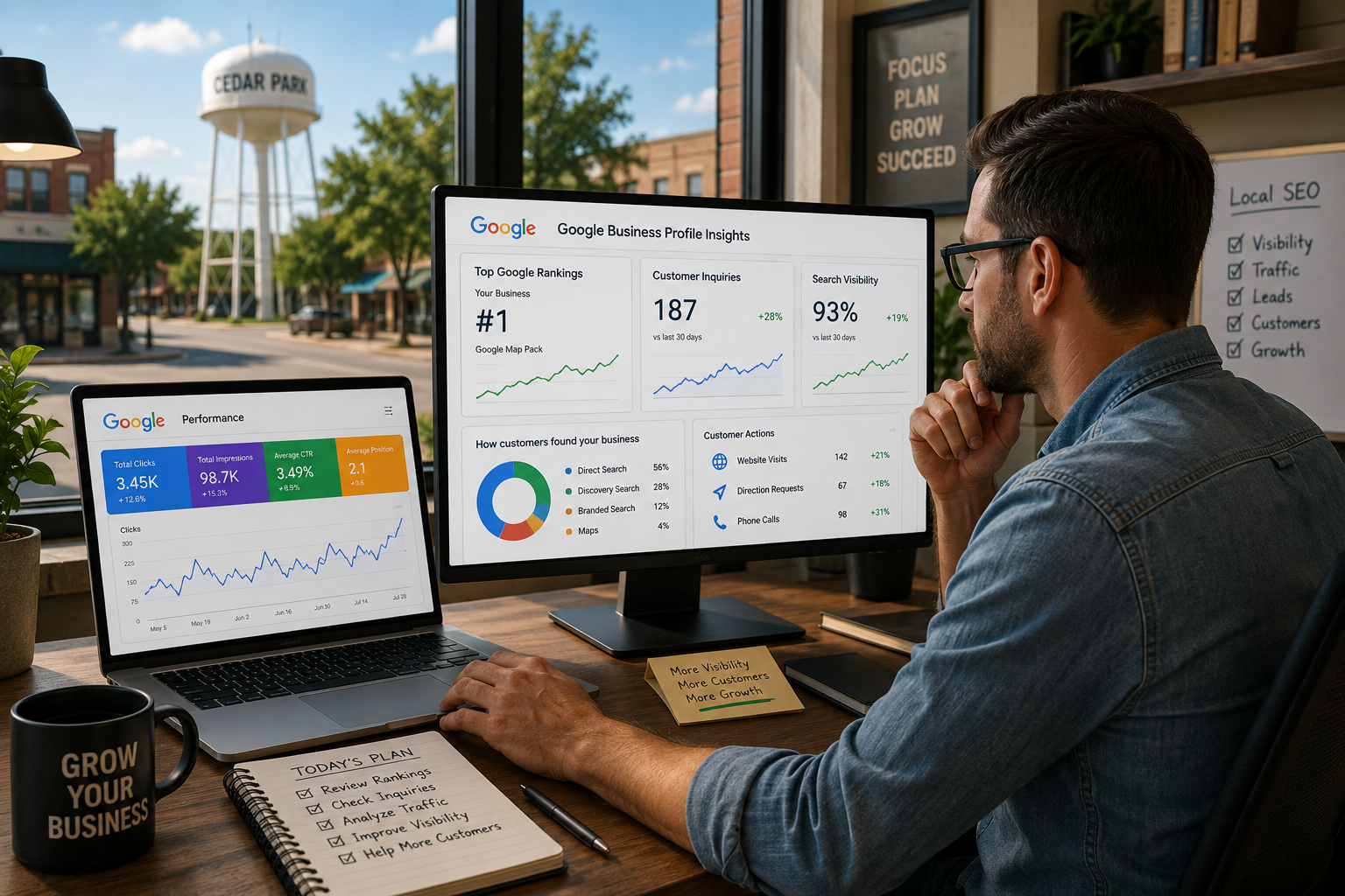 Cedar Park business owner reviewing Google rankings, customer inquiries, website traffic and local search visibility metrics from a professional office workspace.