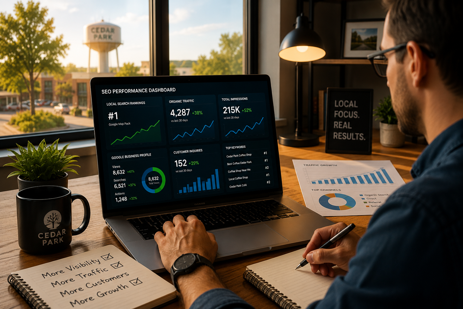Cedar Park business owner reviewing local search rankings, Google Business Profile performance, customer reviews, competitor visibility and website traffic reports on a laptop.