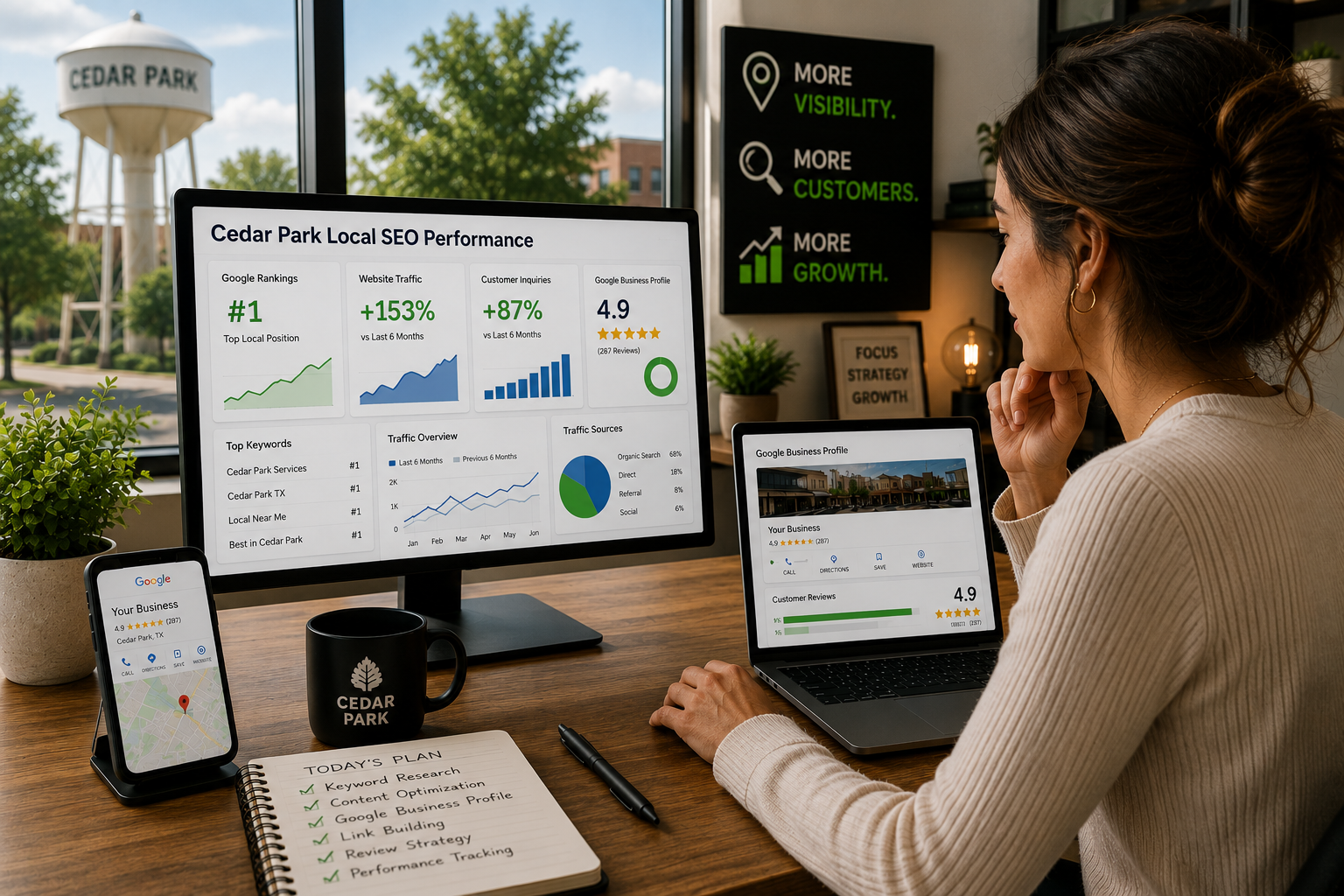 Cedar Park business owner reviewing local SEO performance, Google visibility, website traffic, customer inquiries and business growth metrics from a professional office workspace.