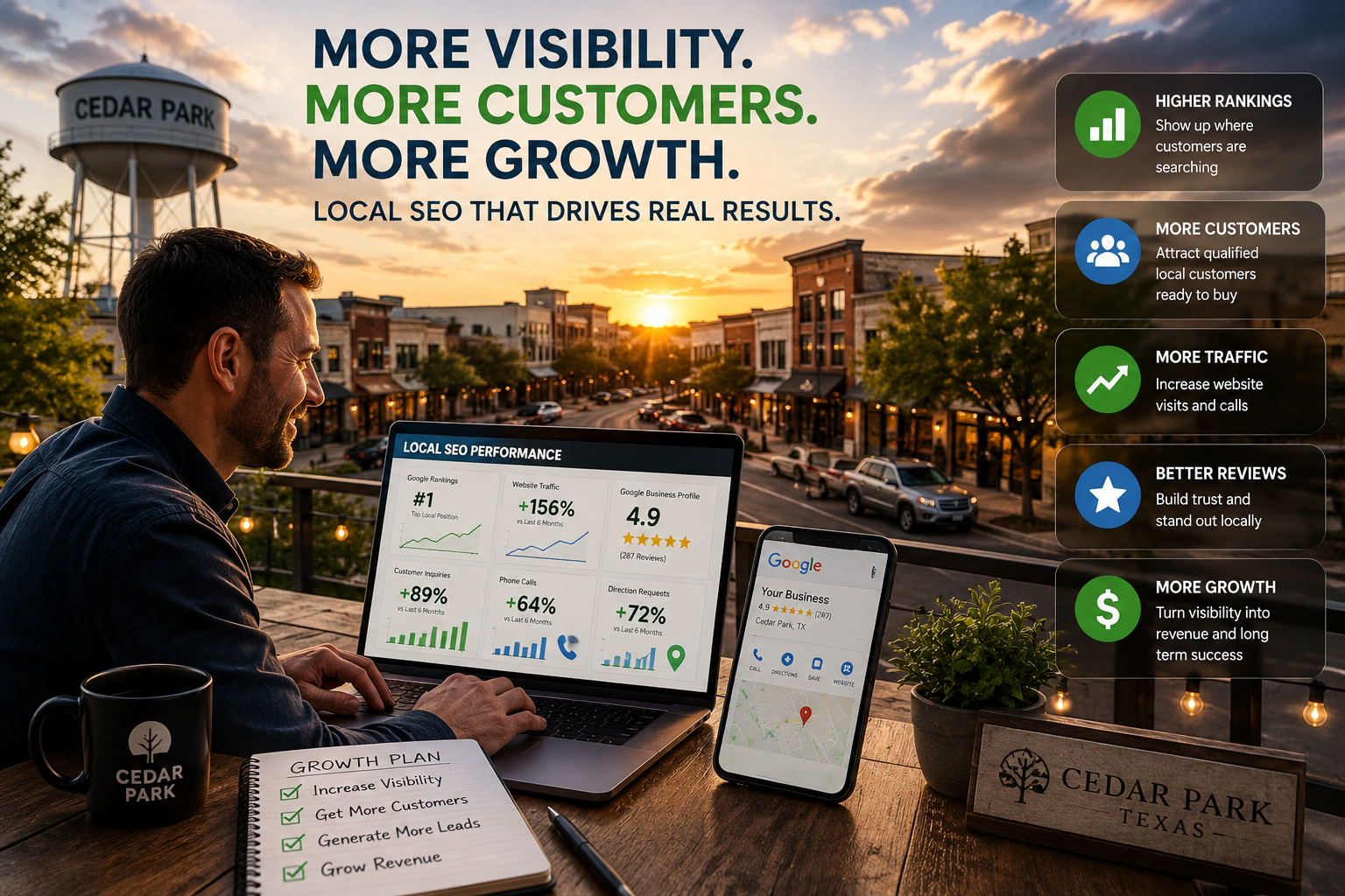 Cedar Park Texas business owner reviewing website traffic, Google visibility, customer inquiries and local SEO performance while overlooking a busy downtown business district during golden hour.