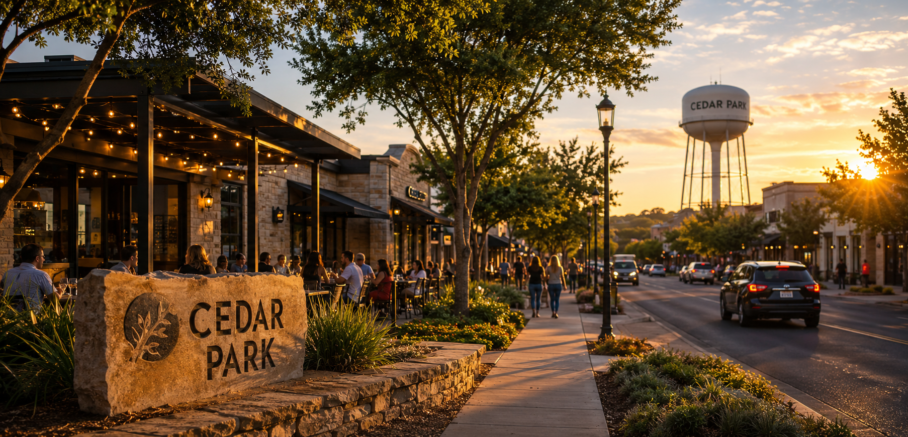 Downtown Cedar Park Texas business district during golden hour with local storefronts, restaurants, customers walking sidewalks and Cedar Park water tower in the background.