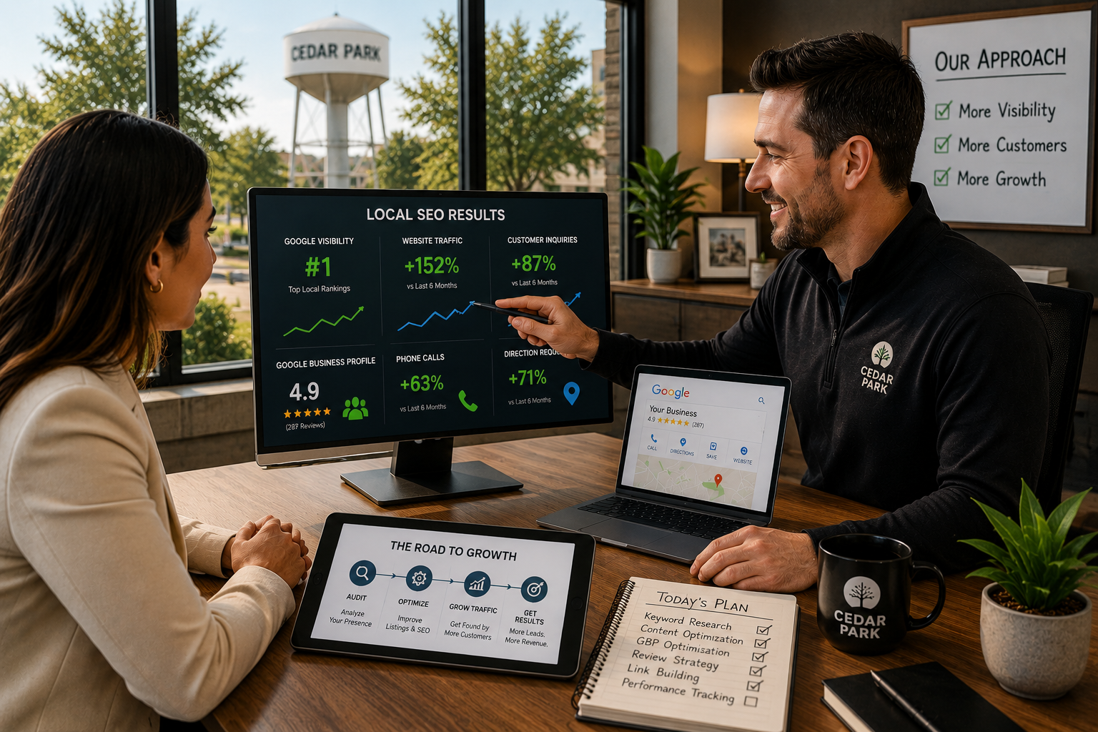 Cedar Park business owner reviewing improved Google visibility, increased website traffic, customer inquiries, online reviews and local SEO growth reports during a professional business meeting.