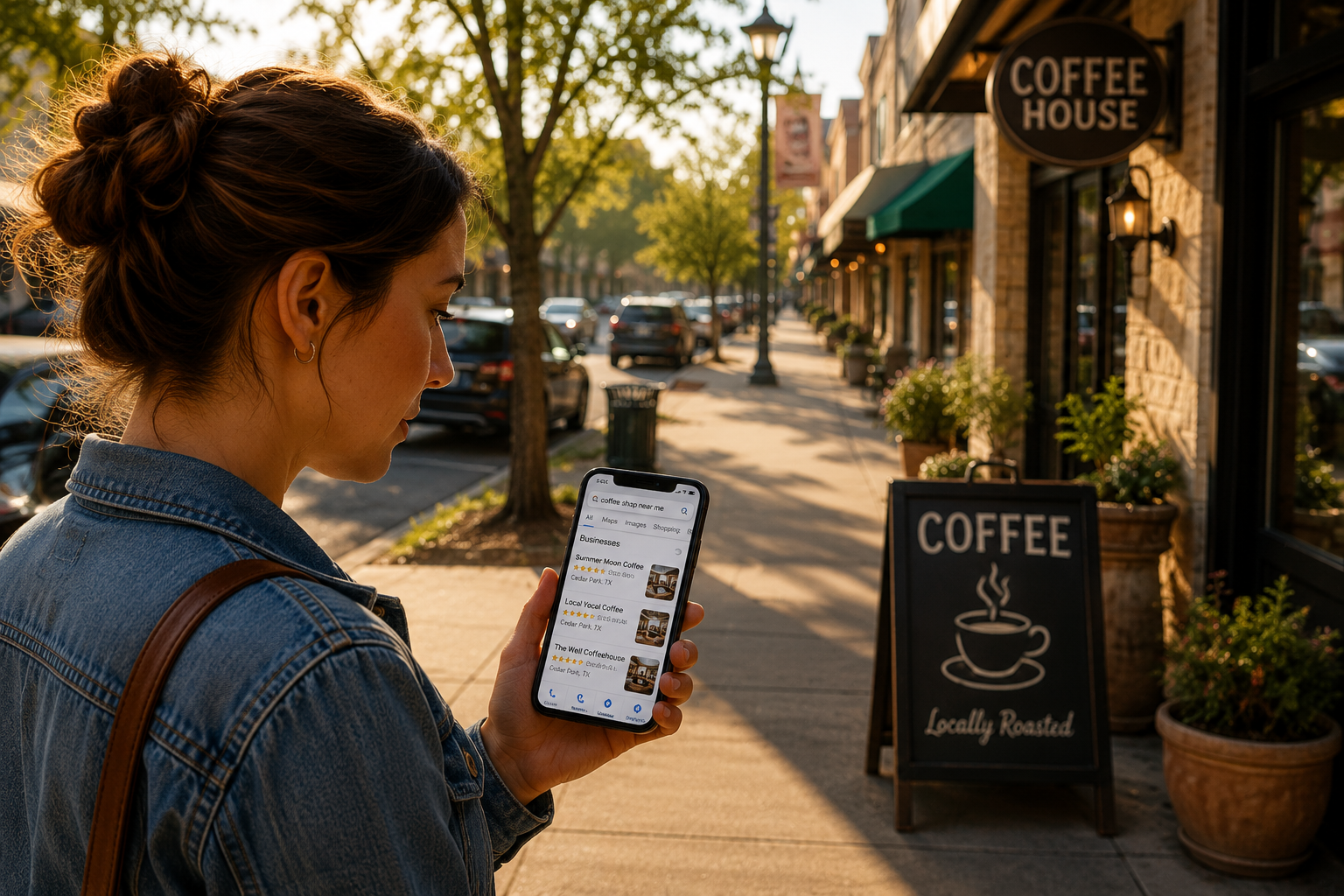 Cedar Park resident using a smartphone to search for local businesses, customer reviews and nearby services while walking through a downtown business district during golden hour.