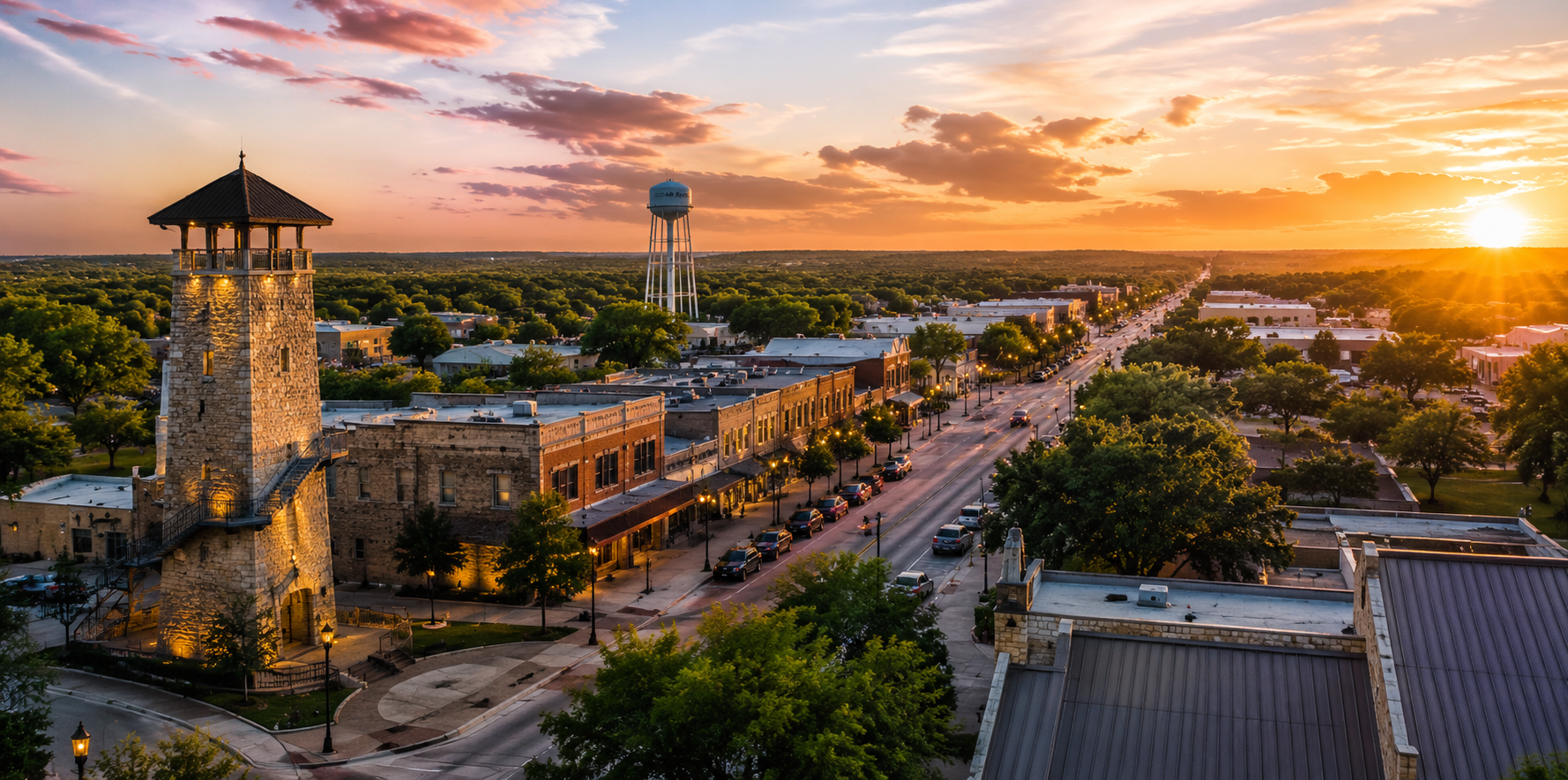 Downtown Leander Texas at sunset showing local businesses, pedestrian activity, and growing online visibility for small businesses.