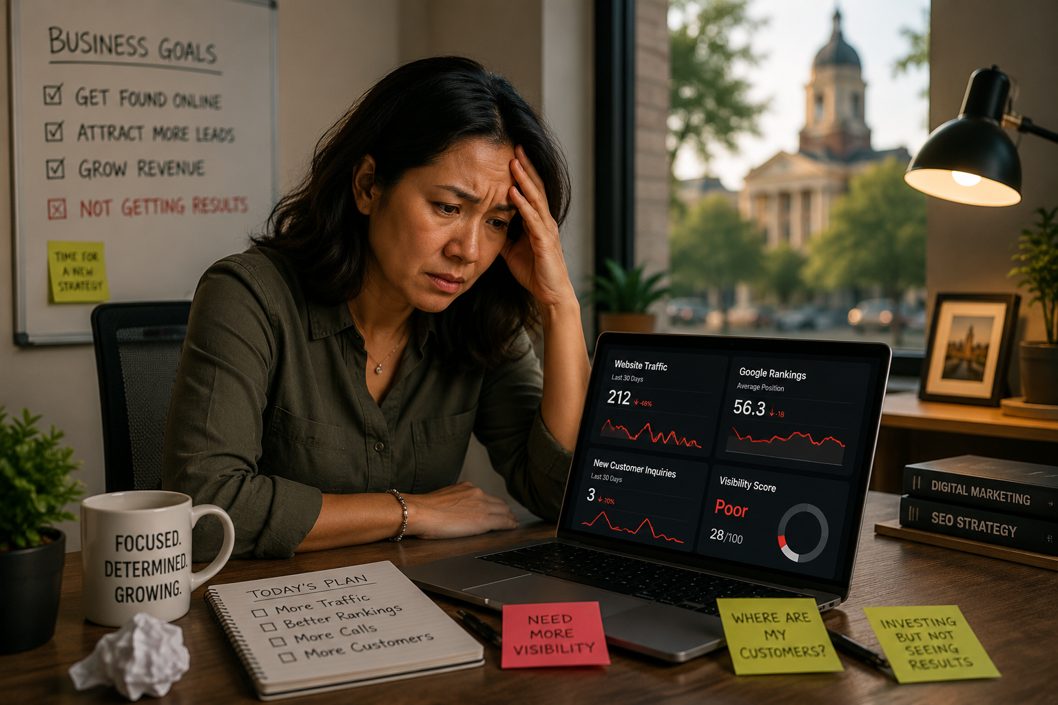 Georgetown Texas business owner reviewing low website traffic and poor local search visibility on laptop analytics dashboard