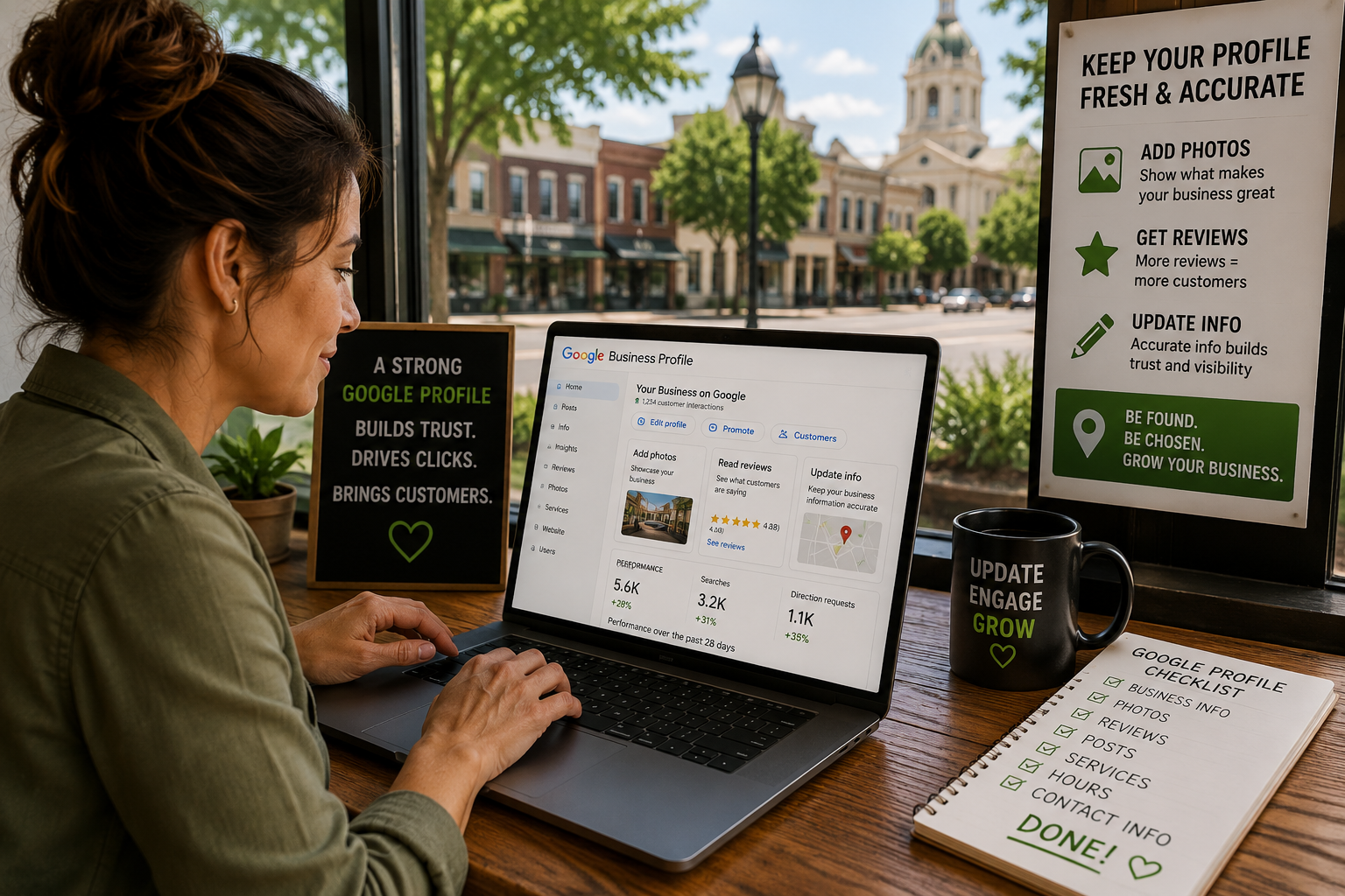 Georgetown Texas business owner updating photos reviews and business information inside Google Business Profile