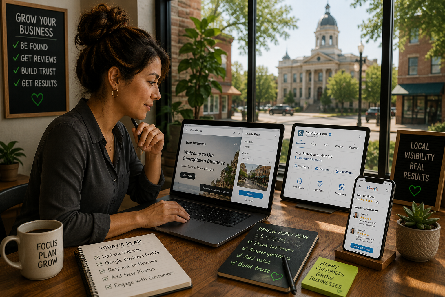 Georgetown Texas business owner updating website content Google Business Profile and customer reviews to improve local visibility