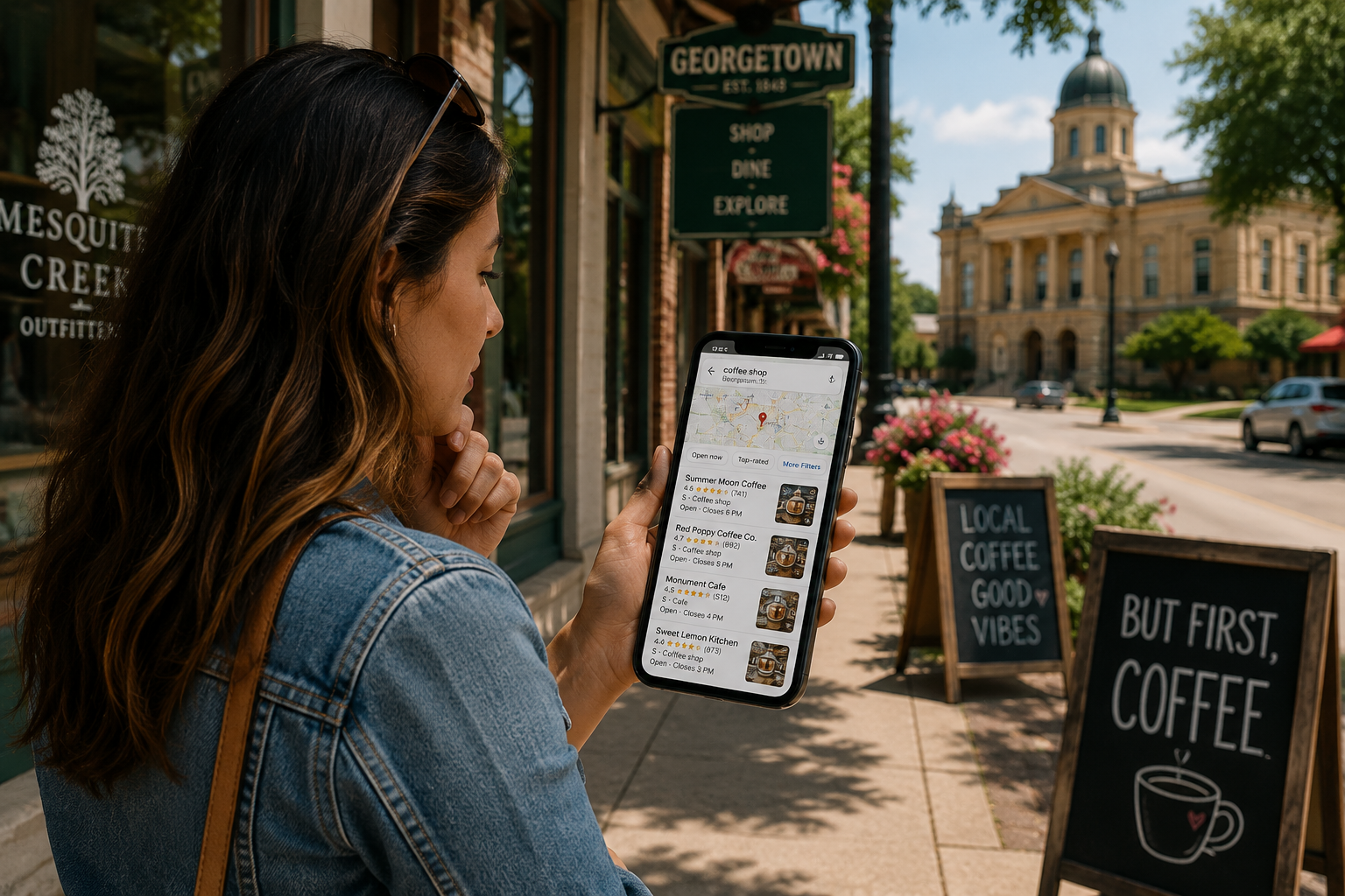 Customer comparing Georgetown Texas businesses on Google Maps and reading reviews before choosing a local business